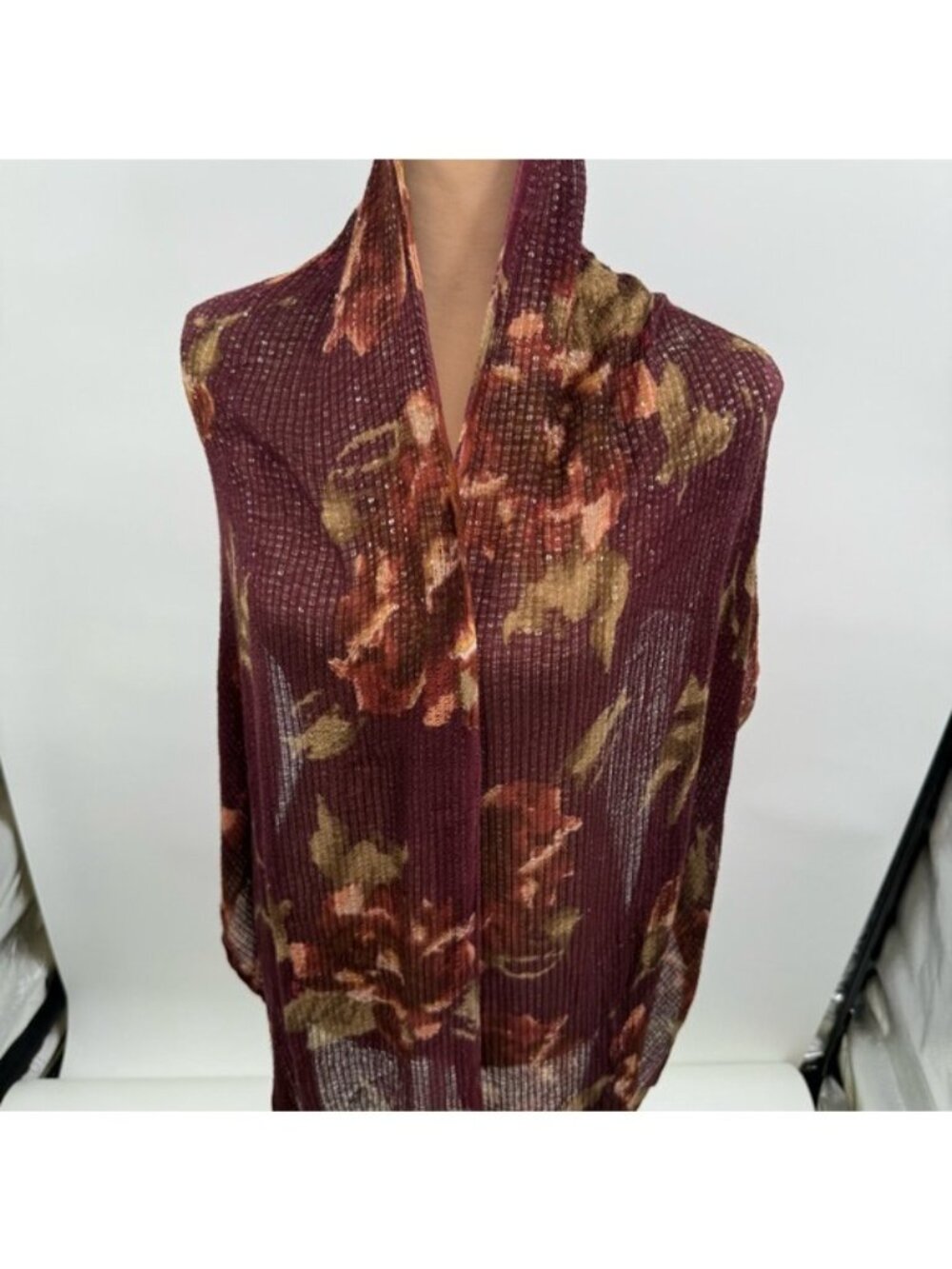 Lauren Ralph Lauren Sequin Scarf Burgundy Brown Abstract Lightweight Wrap - Picture 3 of 8